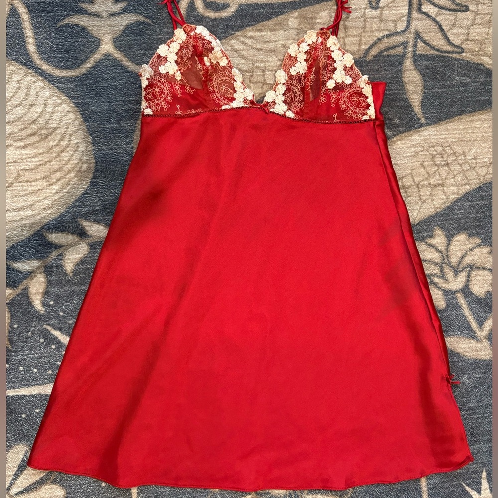 ETAM Red Satin Lace Full Slip Chemise Adjustable Straps FR 40 EUR 38 UK 12